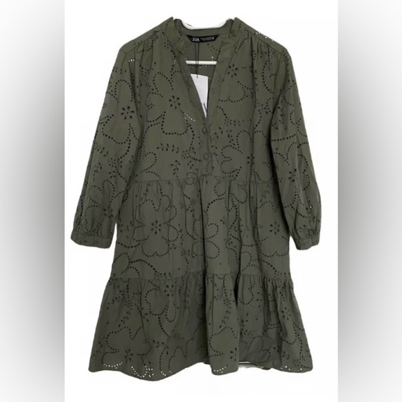 Zara Eyelet Olive Green Dress - Picture 2 of 7